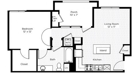 Floor plan for 1 bed, 1 bath, 677 sqft