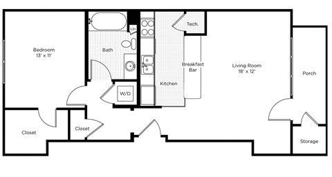 Floor plan for 1 bed, 1 bath, 728 sqft