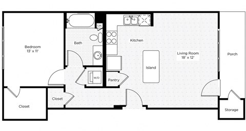 Floor plan for 1 bed, 1 bath, 728 sqft