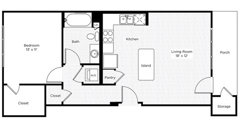 Floor plan for 1 bed, 1 bath, 728 sqft