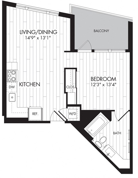 Floor plan for 1 bed, 1 bath, 610 sqft