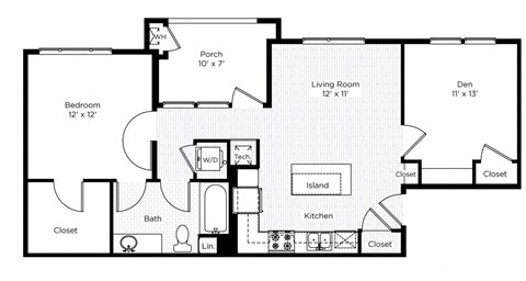 Floor plan for 1 bed, 1 bath, 787 sqft