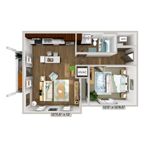 Floor plan for 1 bed, 1 bath, 702 sqft