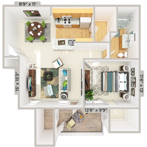 Floor plan for 1 bed, 1 bath, 811 sqft