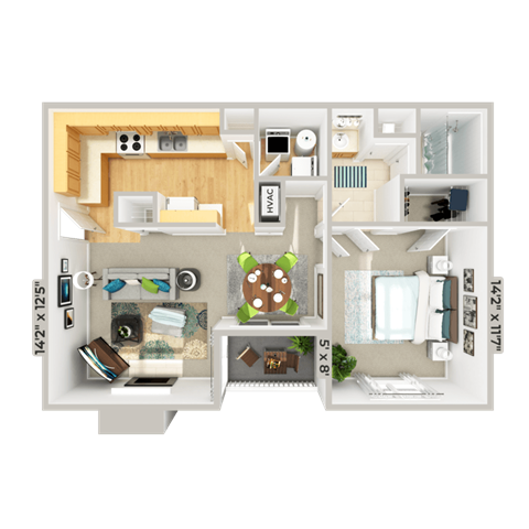 Floor plan for 1 bed, 1 bath, 736 sqft