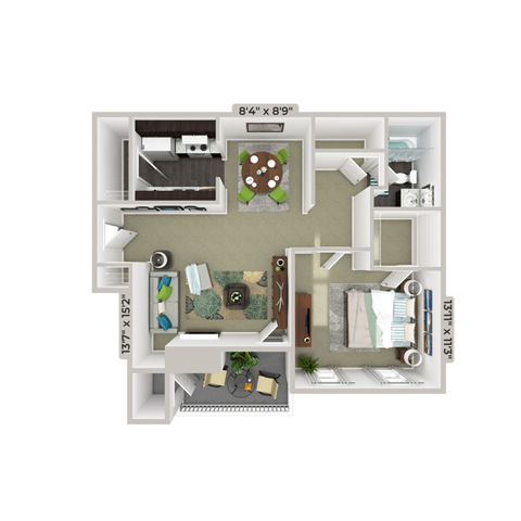Floor plan for 1 bed, 1 bath, 775 sqft