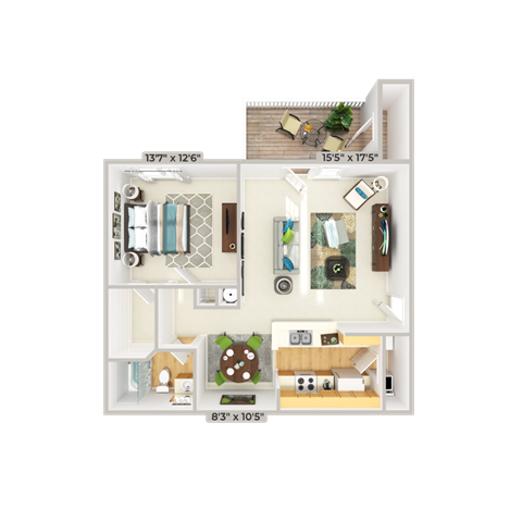 Floor plan for 1 bed, 1 bath, 909 sqft