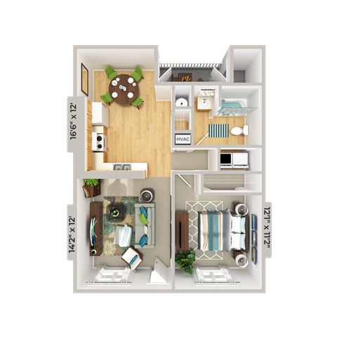 Floor plan for 1 bed, 1 bath, 725 sqft