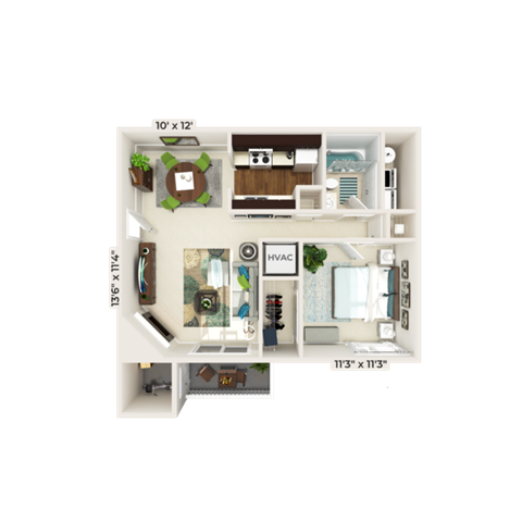 Floor plan for 1 bed, 1 bath, 747 sqft