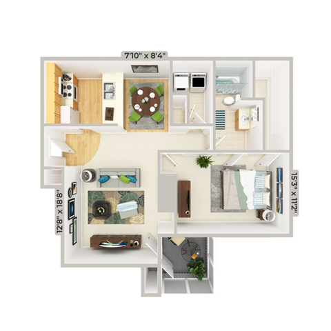 Floor plan for 1 bed, 1 bath, 845 sqft