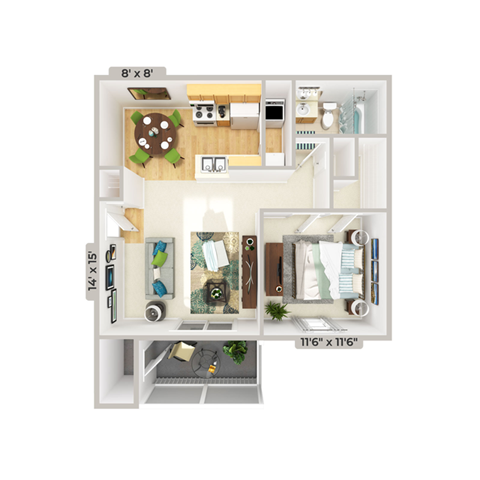 Floor plan for 1 bed, 1 bath, 696 sqft