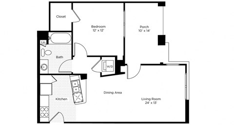 Floor plan for 1 bed, 1 bath, 713 sqft