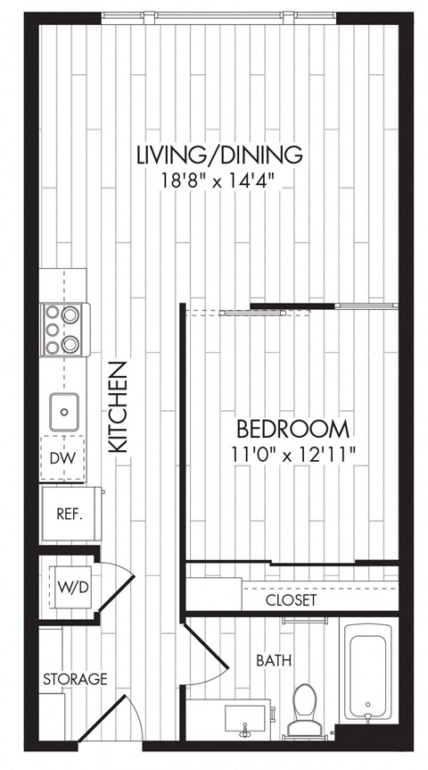 Floor plan for 1 bed, 1 bath, 603 sqft
