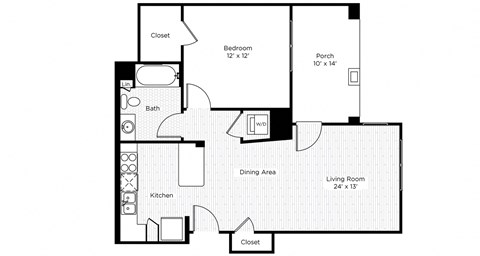 Floor plan for 1 bed, 1 bath, 709 sqft
