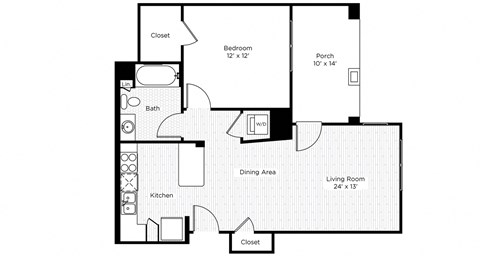 Floor plan for 1 bed, 1 bath, 709 sqft