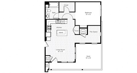 Floor plan for 1 bed, 1 bath, 752 sqft