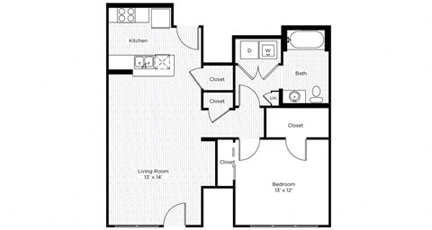 Floor plan for 1 bed, 1 bath, 770 sqft