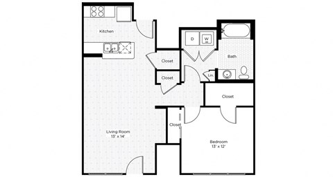 Floor plan for 1 bed, 1 bath, 770 sqft