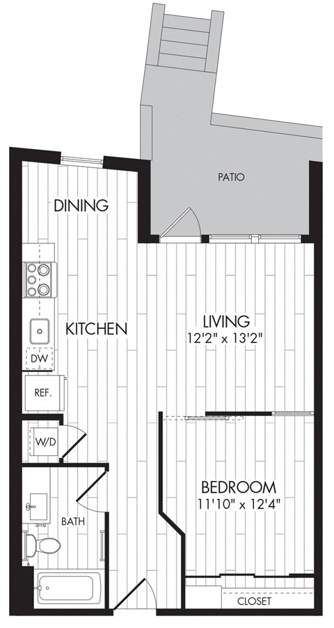 Floor plan for 1 bed, 1 bath, 612 sqft