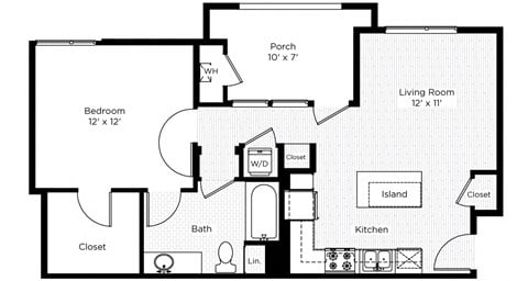 Floor plan for 1 bed, 1 bath, 657 sqft