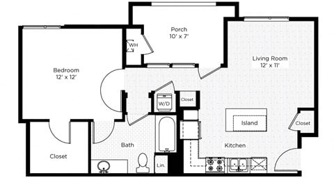 Floor plan for 1 bed, 1 bath, 646 sqft