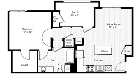Floor plan for 1 bed, 1 bath, 664 sqft
