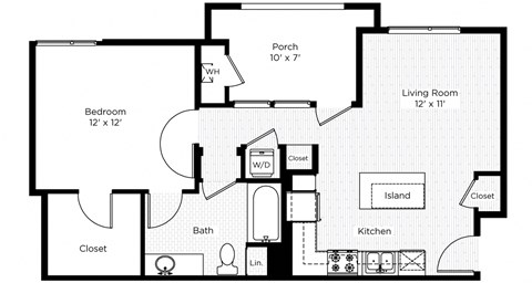 Floor plan for 1 bed, 1 bath, 664 sqft