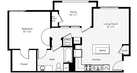 Floor plan for 1 bed, 1 bath, 664 sqft