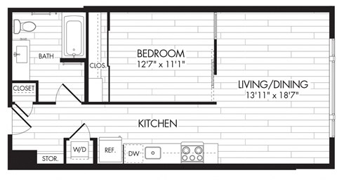 Floor plan for 1 bed, 1 bath, 636 sqft