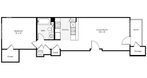 Floor plan for 1 bed, 1 bath, 687 sqft