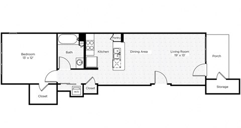 Floor plan for 1 bed, 1 bath, 687 sqft