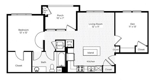 Floor plan for 1 bed, 1 bath, 779 sqft