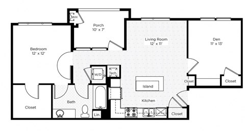 Floor plan for 1 bed, 1 bath, 779 sqft