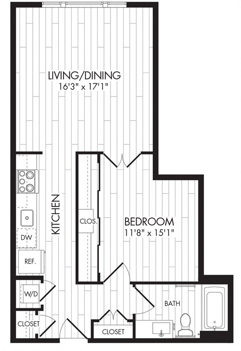 Floor plan for 1 bed, 1 bath, 665 sqft