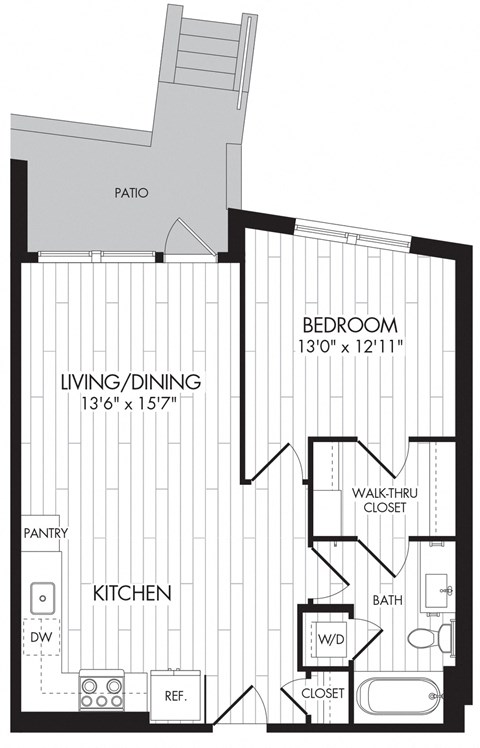 Floor plan for 1 bed, 1 bath, 685 sqft