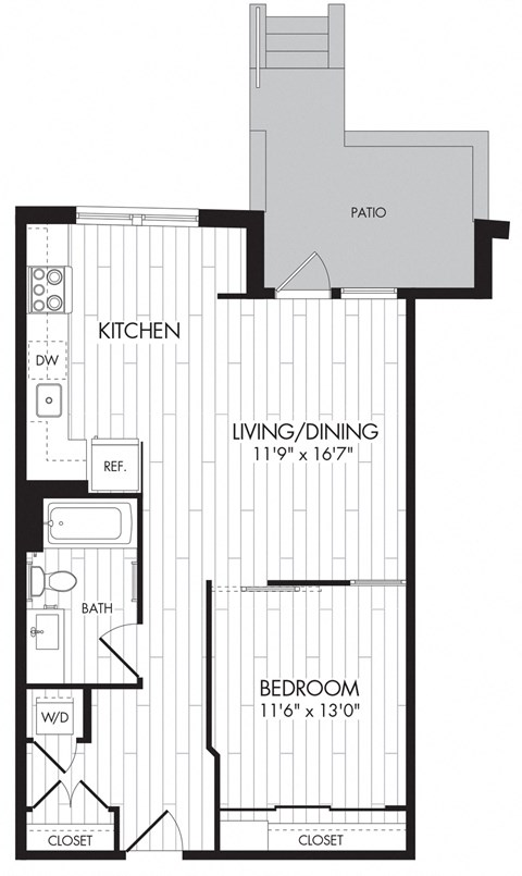 Floor plan for 1 bed, 1 bath, 689 sqft