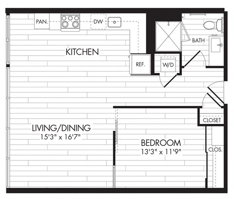 Floor plan for 1 bed, 1 bath, 700 sqft