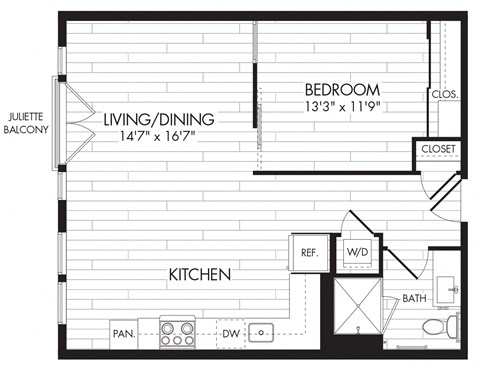 Floor plan for 1 bed, 1 bath, 689 sqft