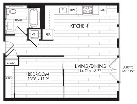 Floor plan for 1 bed, 1 bath, 693 sqft