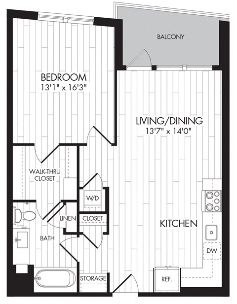 Floor plan for 1 bed, 1 bath, 741 sqft
