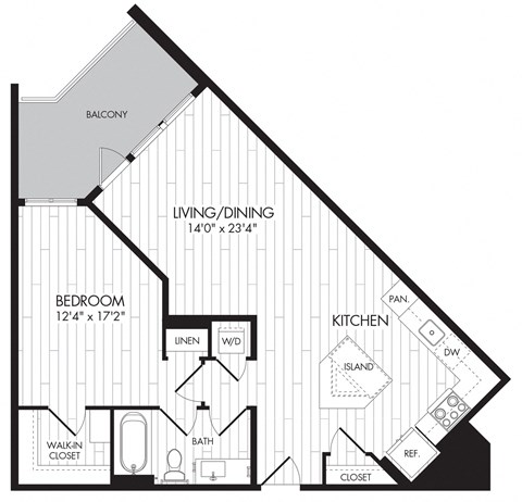 Floor plan for 1 bed, 1 bath, 798 sqft