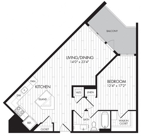 Floor plan for 1 bed, 1 bath, 796 sqft