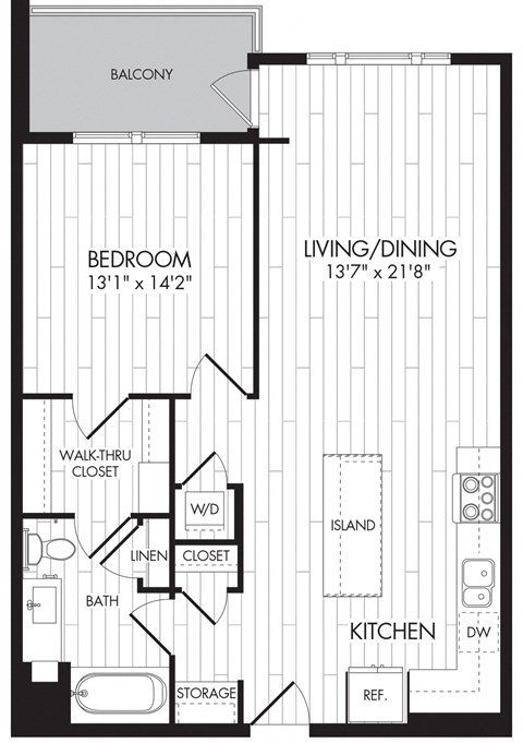 Floor plan for 1 bed, 1 bath, 814 sqft