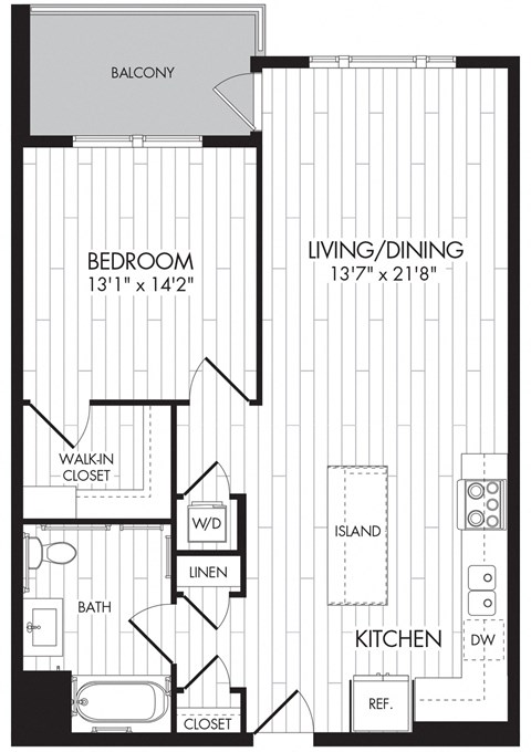 Floor plan for 1 bed, 1 bath, 805 sqft