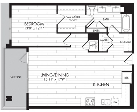 Floor plan for 1 bed, 1 bath, 887 sqft