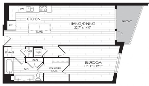 Floor plan for 1 bed, 1 bath, 914 sqft