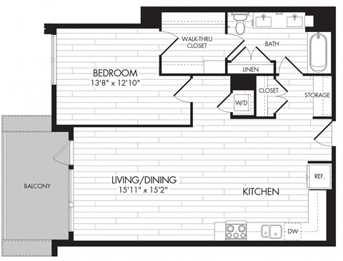 Floor plan for 1 bed, 1 bath, 917 sqft