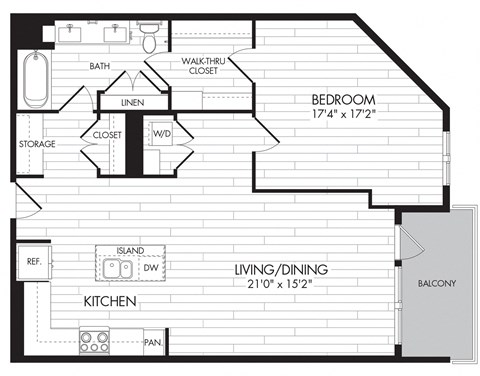 Floor plan for 1 bed, 1 bath, 961 sqft