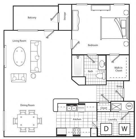Floor plan for 1 bed, 1 bath, 975 sqft