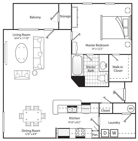 Floor plan for 1 bed, 1 bath, 975 sqft